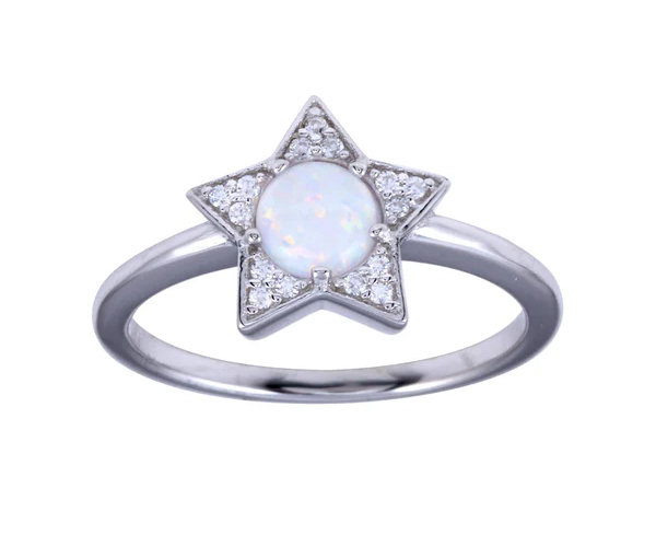JOLIE BAGUE ÉTOILE EN ARGENT RHODIÉ SERTIE D'UNE OPALE SYNTHÉTIQUE ET DE CUBIQUES ZIRCONIAS - SP BGR01316/5 - BIJOUX D'IMPORTATION
