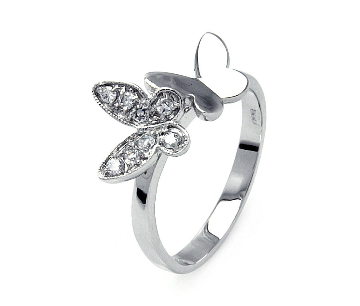 BAGUE DOUBLE PAPILLON EN ARGENT RHODIÉ SERTIE DE CUBIQUES ZIRCONIAS - SP BGR00538 - BIJOUX D'IMPORTATION