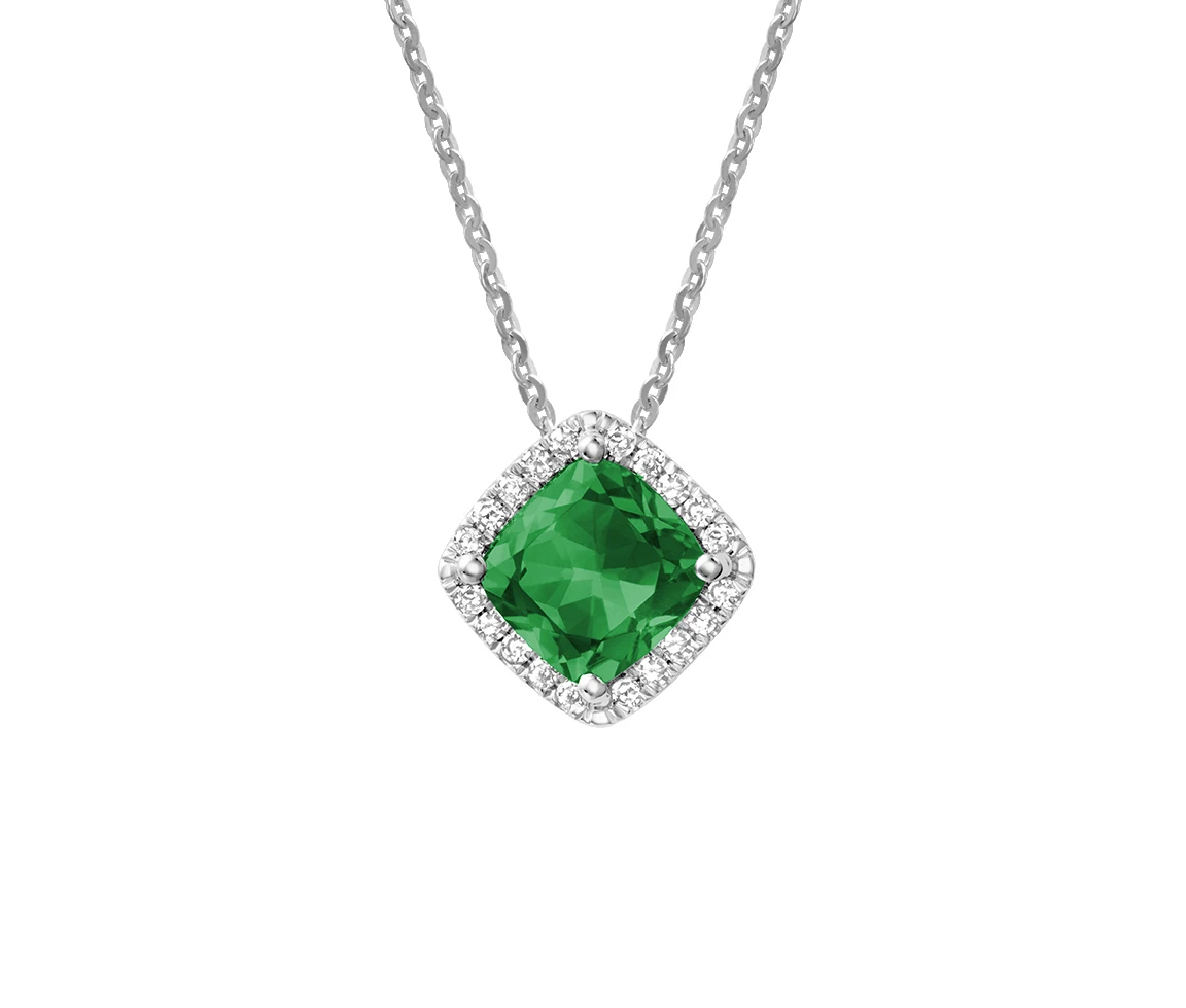 PENDENTIF EN OR 10K BLANC SERTI D'UNE ÉMERAUDE SIMULÉE ET DE DIAMANTS - BR 09041028CEM - R.N.B.