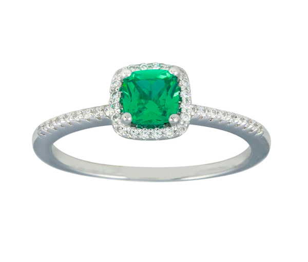 BAGUE EN ARGENT RHODIÉ SERTIE D'UN CUBIQUE ZIRCONIA VERT ET D'UN HALO DE CUBIQUES ZIRCONIAS BLANCS - SP BGR01238/6 - BIJOUX D'IMPORTATION