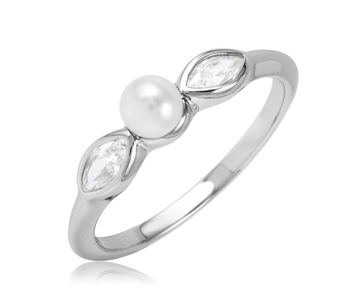 BAGUE EN ARGENT RHODIÉ SERTIE D'UNE PERLE SYNTHÉTIQUE ET DE CUBIQUES ZIRCONIAS - SP BGR01078 - BIJOUX D'IMPORTATION